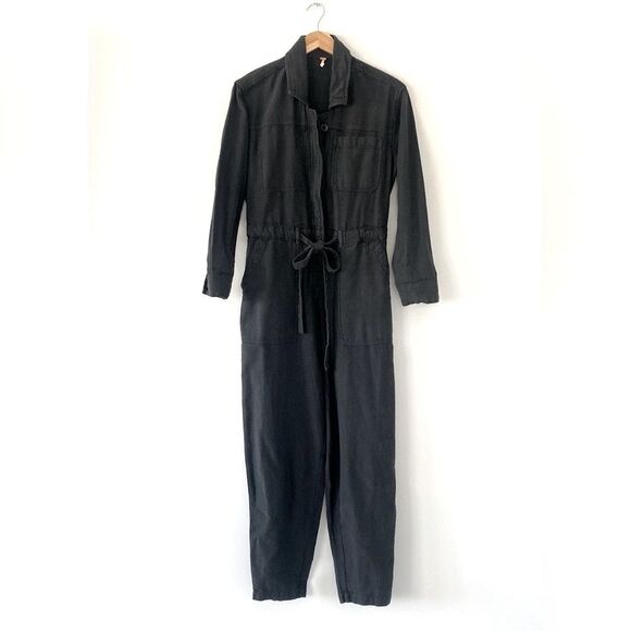 Free People Quinn Coverall Jumpsuit Black Cotton Wide Leg Boho Urban Casual - Picture 3 of 16